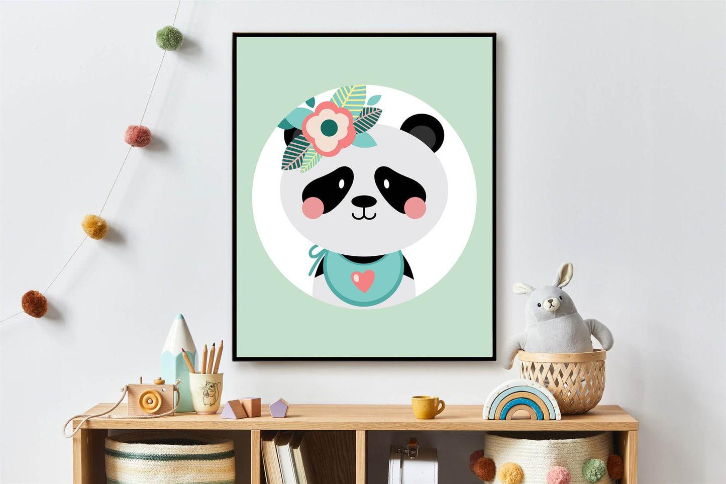 Lieve panda met bloemetjes groen - Dieren met bloemetjes