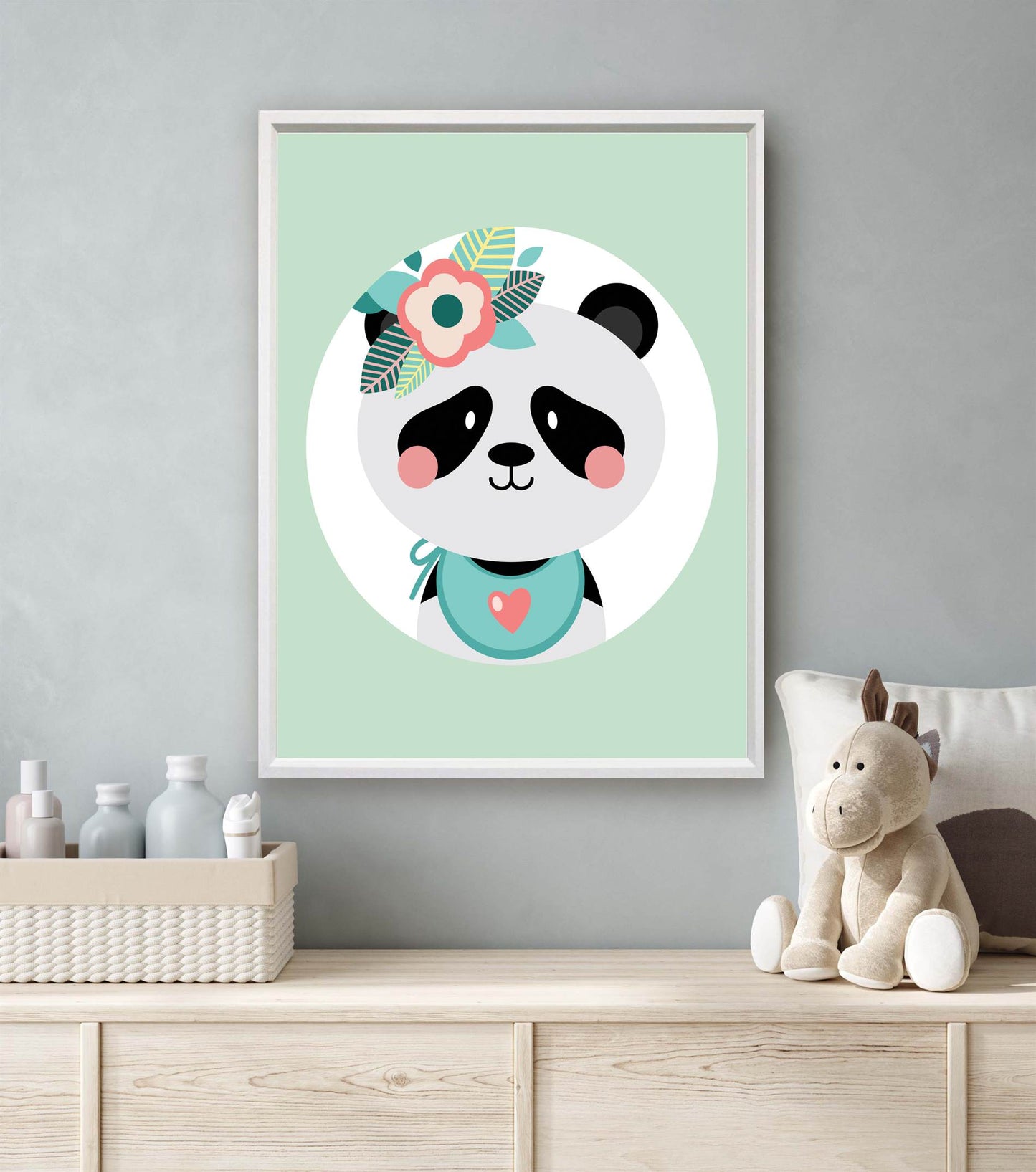 Lieve panda met bloemetjes groen - Dieren met bloemetjes